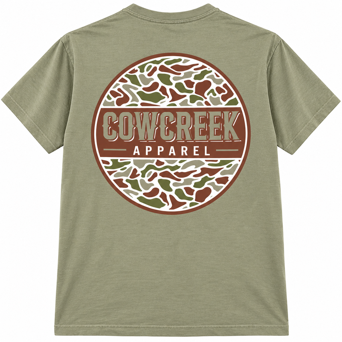 Back of khaki T-shirt with a large circular Cow Creek Apparel logo in brown, green, and cream camouflage.

