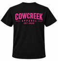 Cow Creek Apparel black Gildan t-shirt with hot pink EST. 2026 logo printed across the back