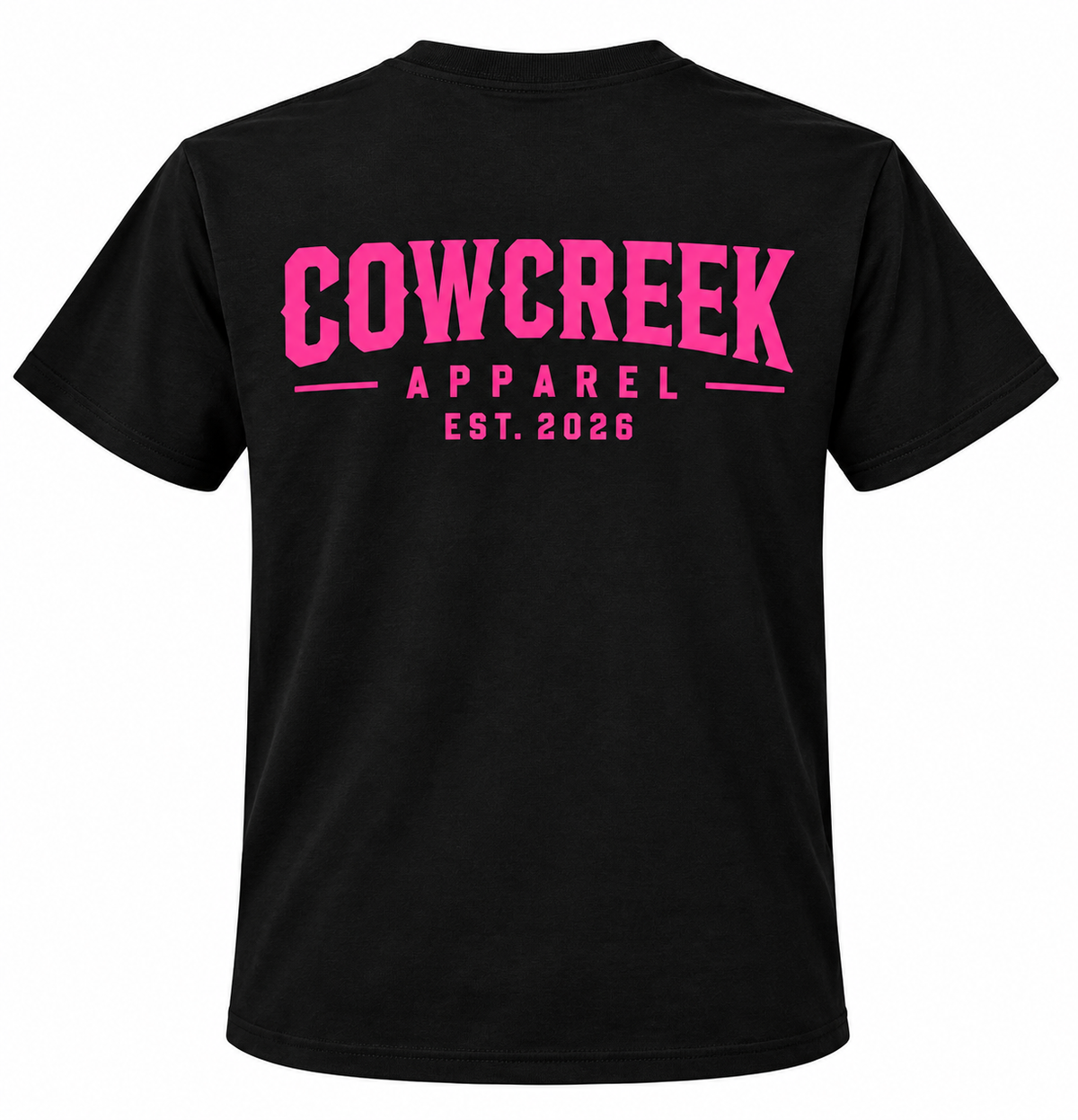 Cow Creek Apparel black Gildan t-shirt with hot pink EST. 2026 logo printed across the back
