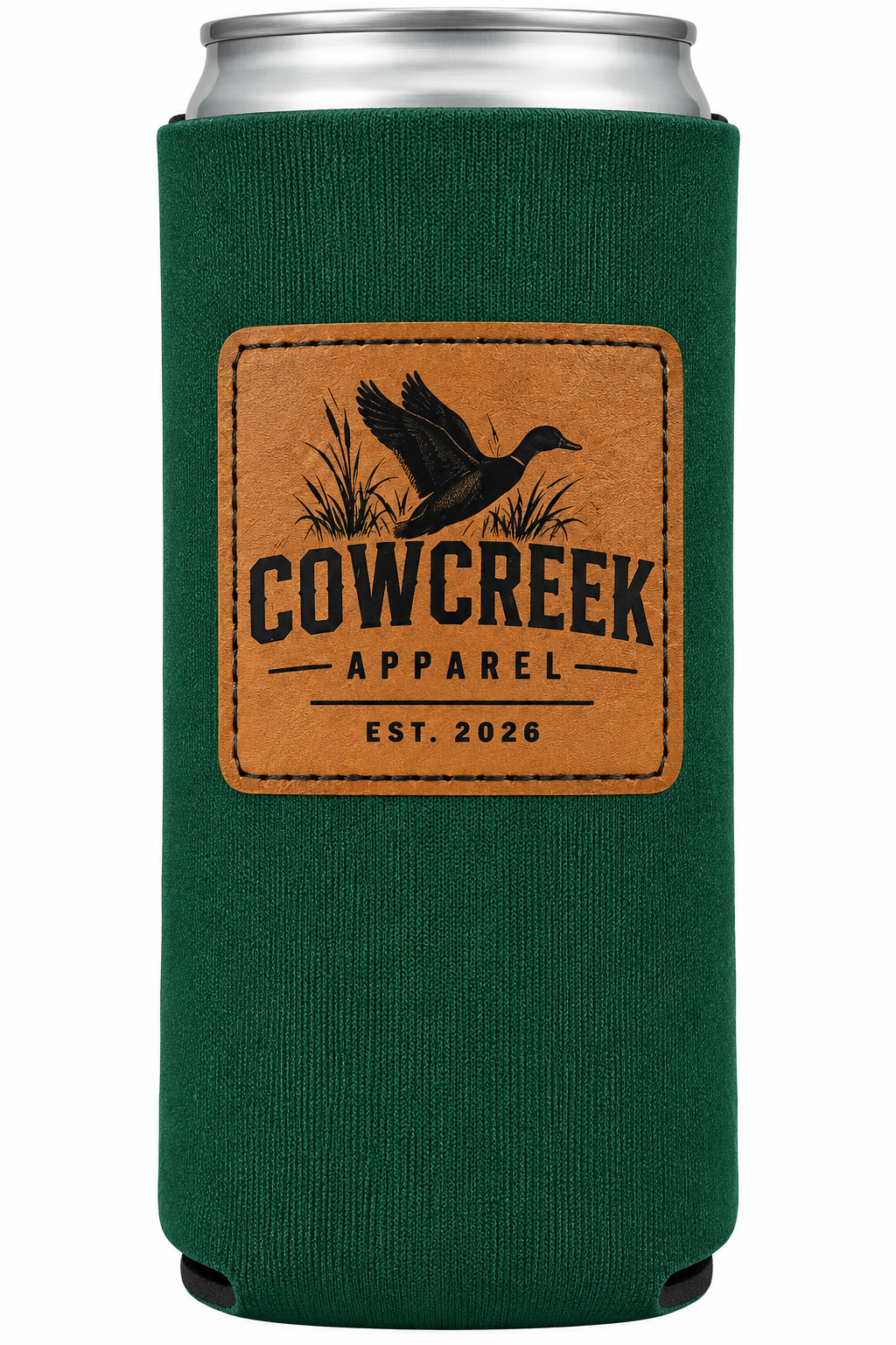 Forest green slim-can koozie with Cow Creek Apparel leather patch