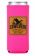 Pink slim-can koozie with Cow Creek Apparel leather patch