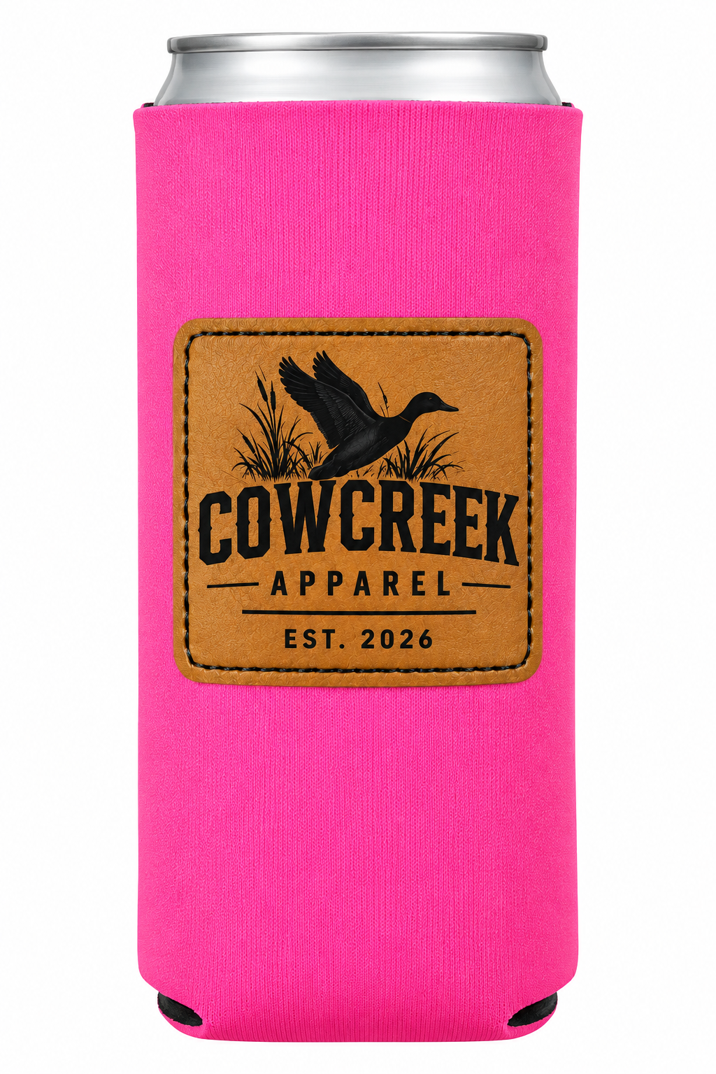 Pink slim-can koozie with Cow Creek Apparel leather patch