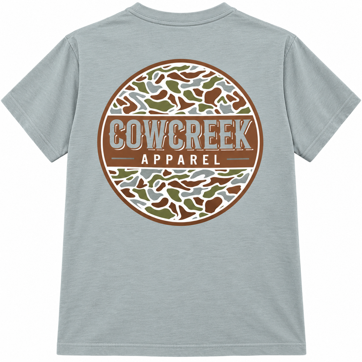Back of Bay blue-green T-shirt with a large circular Cow Creek Apparel logo in brown, green, and cream camouflage.
