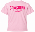  Cow Creek Apparel soft pink Gildan t-shirt with hot pink EST. 2026 logo printed across the back