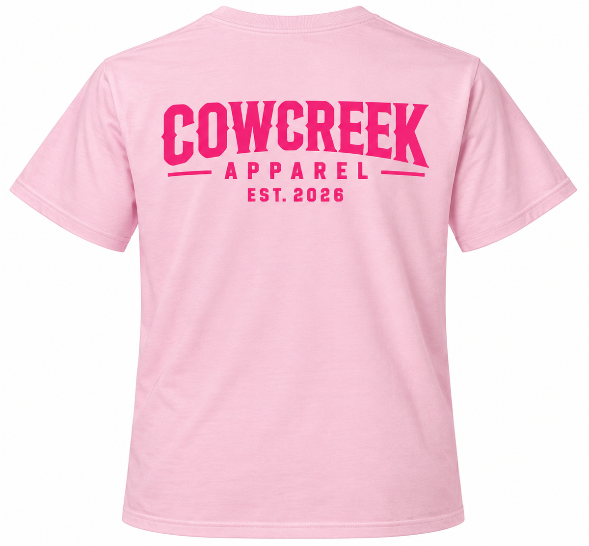  Cow Creek Apparel soft pink Gildan t-shirt with hot pink EST. 2026 logo printed across the back
