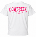  Cow Creek Apparel white Gildan t-shirt with hot pink EST. 2026 logo printed across the back