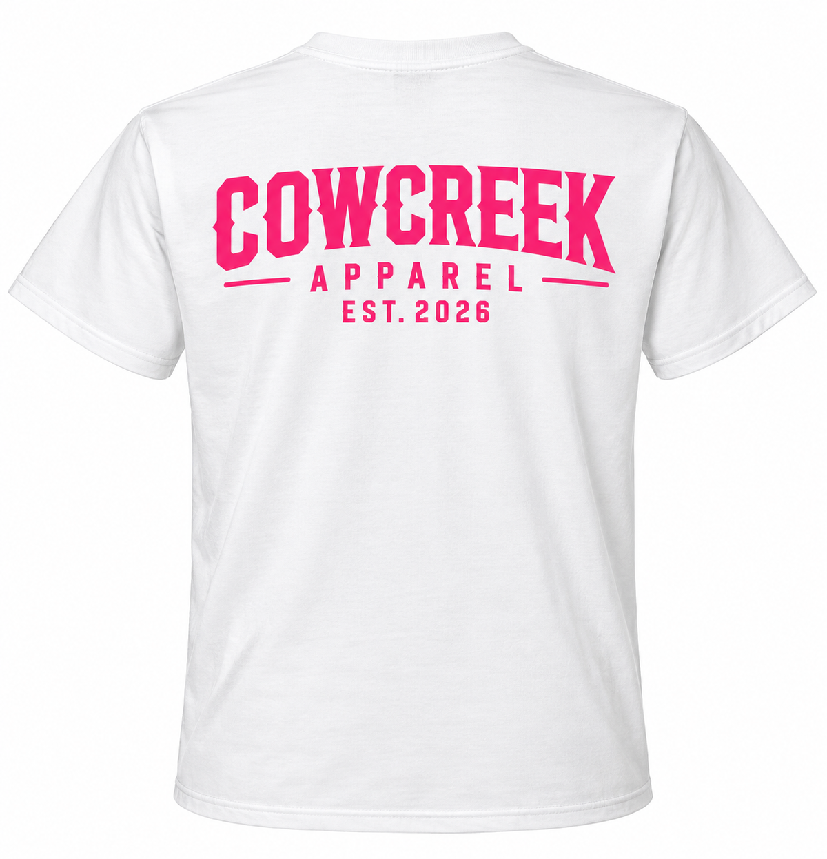  Cow Creek Apparel white Gildan t-shirt with hot pink EST. 2026 logo printed across the back