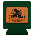Forest green regular-can koozie with Cow Creek Apparel leather patch