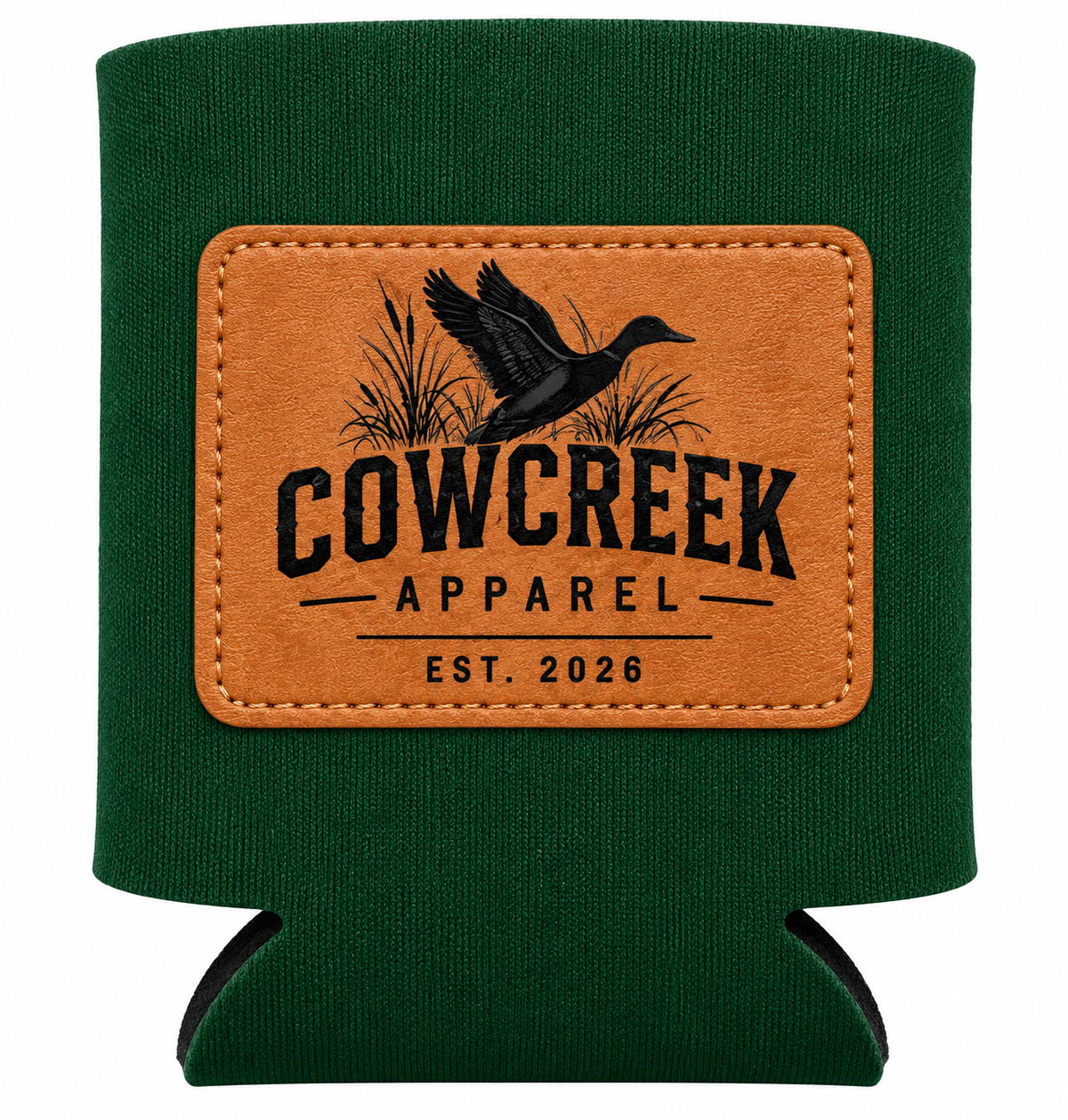 Forest green regular-can koozie with Cow Creek Apparel leather patch